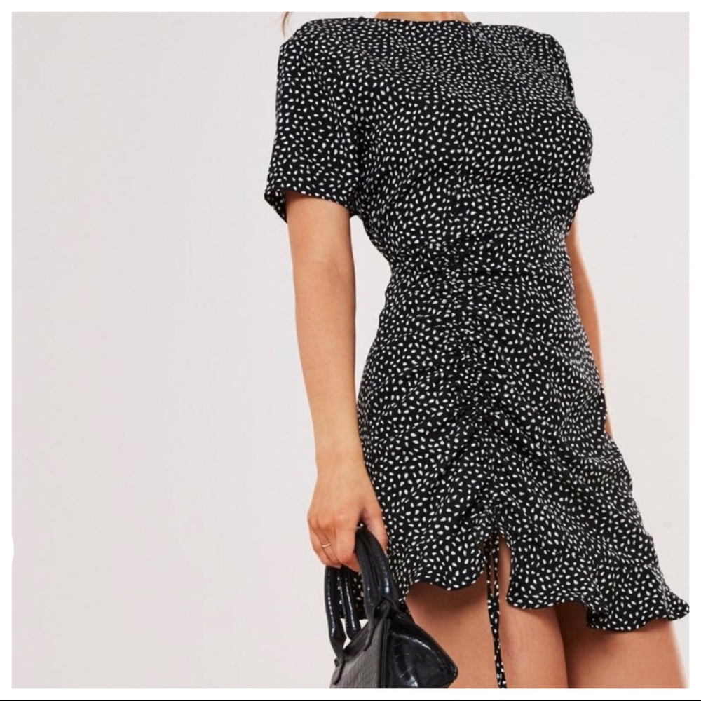 Black Polka Dot Ruched Side Dress